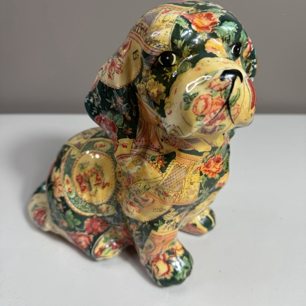 Vintage Patchwork Floral Dog Figurine Ceramic Collectible Puppy Statue Decor